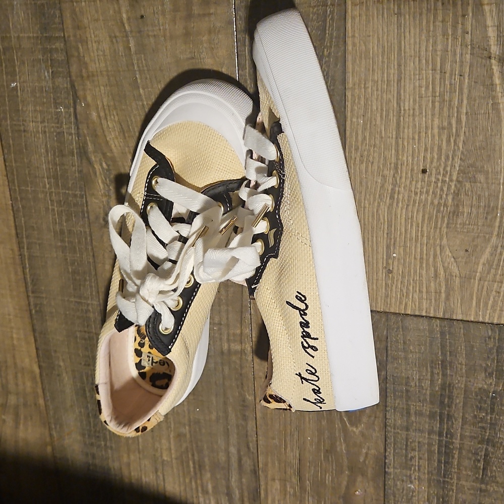 kate spade Cream Canvas Sneakers with Leopard Trim and Black Accents - Picture 2 of 10